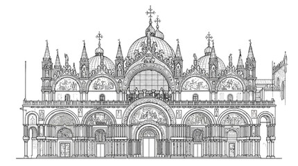 Obraz premium Detailed vector illustration of Saint Mark's Basilica in Venice showcasing intricate architectural features and ornate domes