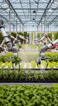 Automated agricultural robotic systems harvesting green plants in a futuristic smart greenhouse facility