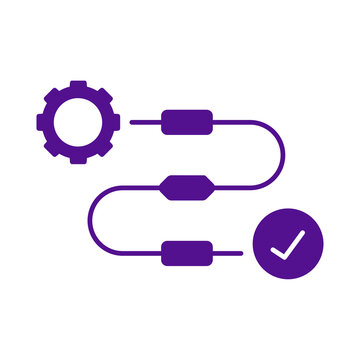 Purple gear icon connected to a step by step process flow with a checkmark symbol transparent background