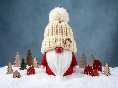 Christmas gnome with knitted hat stands in winter snow scene