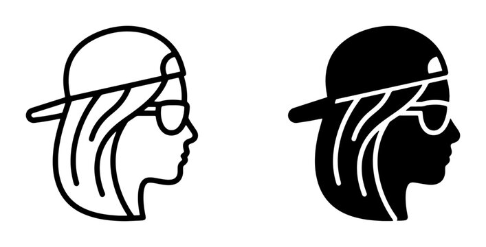 Modern Silhouette Icon Set: Female Profile with Baseball Cap and Sunglasses, Outline and Solid Fill Versions for Graphic Design