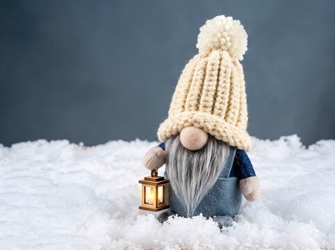 Christmas gnome figurine holding a lantern in fresh snow