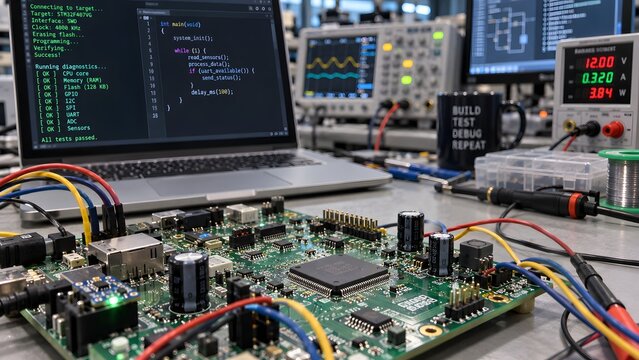 Electronics Engineer Testing Computer Motherboard in Advanced Laboratory with Programming Code on Laptop Concept of Circuit Board Development Hardware Diagnostics Embedded Systems and Technology Resea