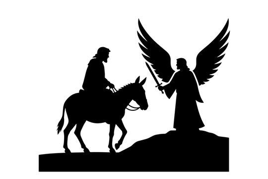Balaam and the Donkey, Angel of the Lord with Sword Blocking Balaams Donkey, Numbers 22 Old Testament Biblical Vector Silhouette