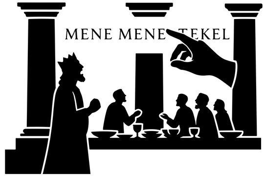 Belshazzars Feast, Writing on the Wall Mene Mene Tekel, King Belshazzar and Hand of God, Daniel 5 Old Testament Biblical Vector Silhouette