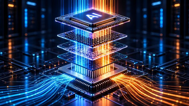 Artificial intelligence layered microchip processing data with glowing blue and orange fiber optic lines in futuristic server architecture