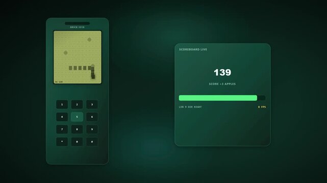 Retro Style Brick Snake Game on Digital Handheld Device with Live Scoreboard