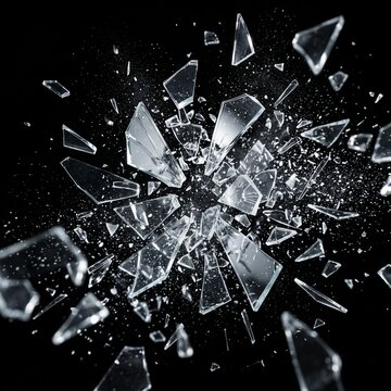 Abstract background of shattered glass shards exploding against a dark black backdrop.