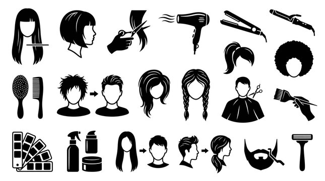 Hairdressing Salon and Barber Shop Icons Set: Hairstyles, Haircuts, and Beauty Tools in Black White Glyph Style