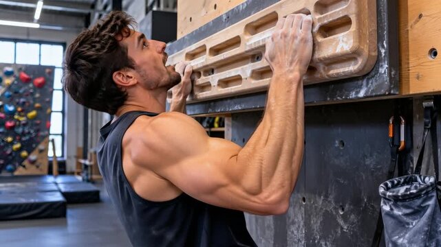 Young man training pull-ups on a fingerboard in a climbing gym  