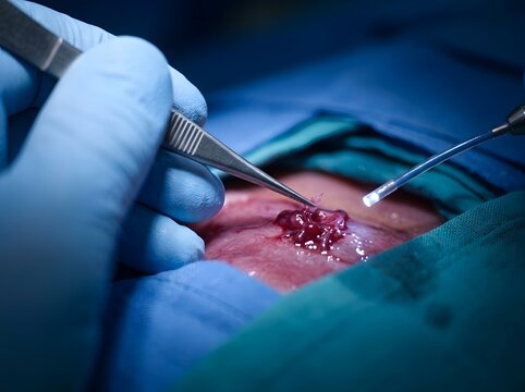 Surgeon hands performing precise surgery with medical forceps