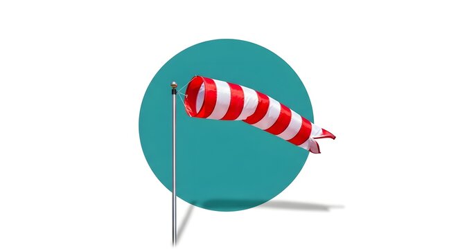 Red and white windsock indicating direction on a teal circle