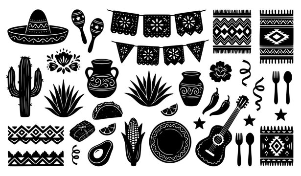 Mexico Fiesta Traditional Food Celebration Flat Hand Drawn Vector Set
