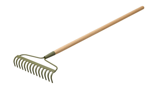 Garden rake with wooden handle isolated on white background for landscaping and yard work.