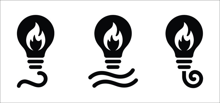Light bulb with fire flame icon set, gas energy symbol, creative idea, innovation, power, heating, and inspiration vector illustration