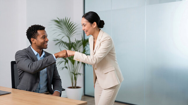 Two business professionals fist bumping for celebrating success and teamwork