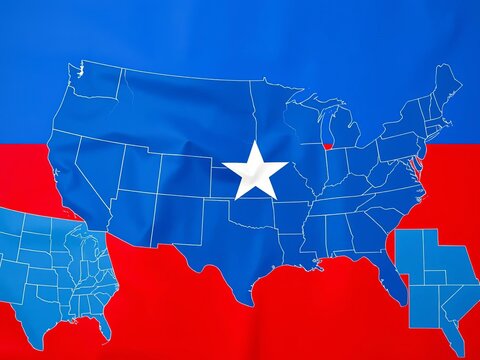 "Blue Texas flag with white stars on a red field above a map collage of USA states", map, red