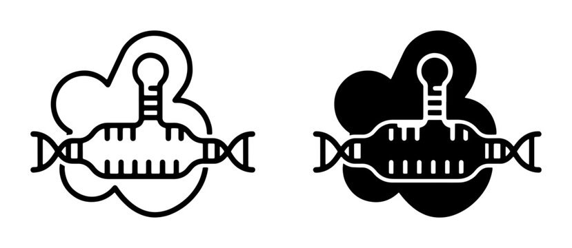 RNA molecule and DNA helix icons, scientific research symbols, molecular biology, genetic engineering, biotechnology, black and white vector graphics