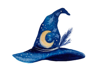 Hand-painted watercolor illustration of a blue witch hat decorated with a crescent moon and stars, isolated on transparent background © Volodymyr