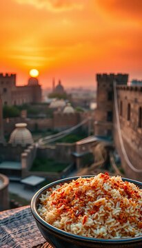 Warm sunset hues illuminate ancient city walls as a steaming bowl of spiced rice nestles in the foreground, architecture, culture