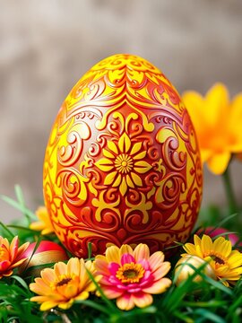 Vibrant yellow and orange Easter egg with intricate design, egg, bright