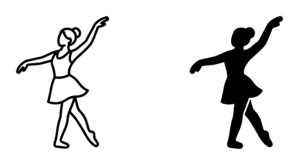 Ballet Dancer Silhouette, Elegant Female Performer Icon, Graceful Dancer Vector Art, Classical Dance Pose, Outline and Solid Fill Styles © Riaz