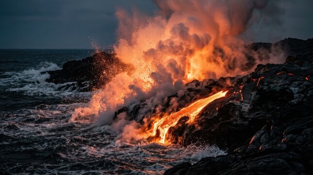 Dramatic molten lava flowing into dark ocean waves at night with rising steam clouds