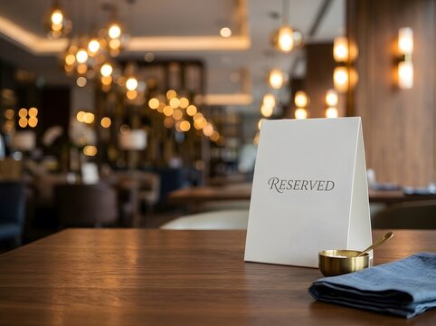 Reserved sign on a wooden table in a luxury restaurant interior