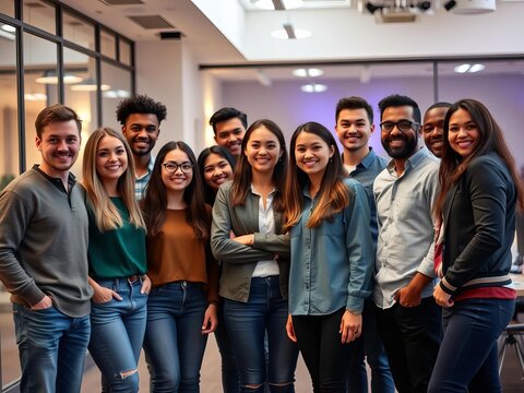 A diverse group of young colleagues standing together in a modern office setting, colleagues, multicultural