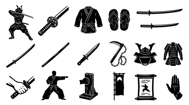 Black  White Martial Arts and Japanese Culture Glyph Icons Set - Samurai, Weapons, Training