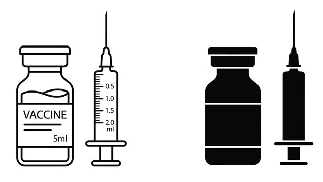 Medical vaccine vial and syringe icons, black and white immunization vector set, healthcare injection equipment for clinical use