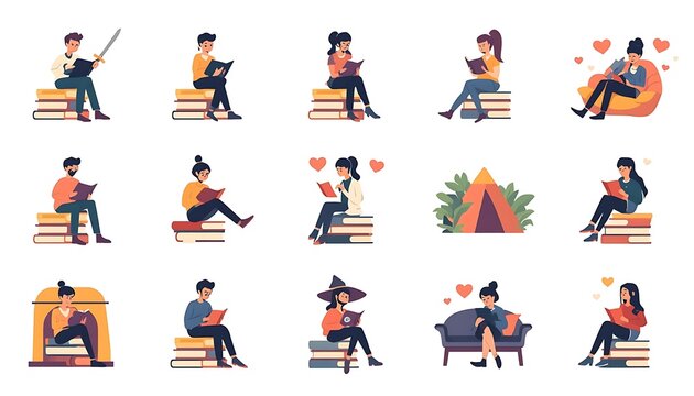 Diverse people reading books collection, flat vector illustrations of students and readers.