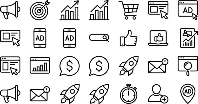 Digital advertising campaigns and PPC management black outline icons pack