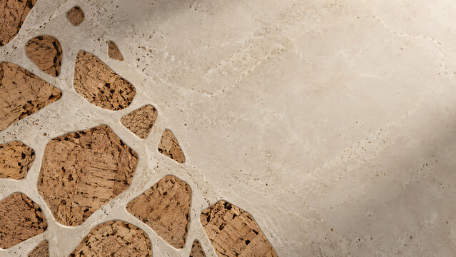 Close-up of handcrafted cork fragments embedded into a smooth mineral surface, unusual organic geometry, subtle shadows