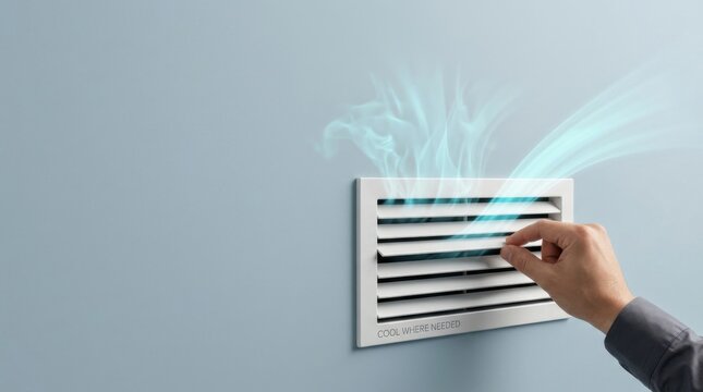 Commercial cooling efficiency illustrated with adjustable air vent sample and hand adjusting air vent louver