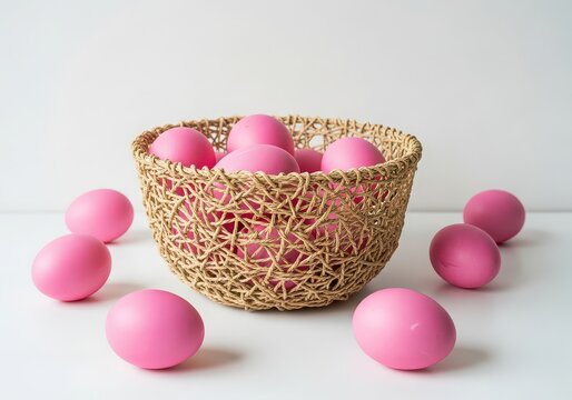 Bright pink easter eggs in a woven straw basket