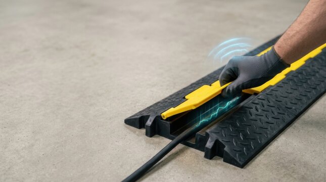 A man using a tool to cut a piece of metal while closing a reusable rubber cable cover ramp for safety