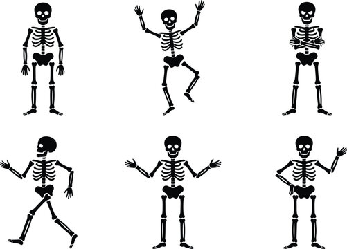 Six black silhouette icons of human skeletons in different poses including standing, waving, walking, and dancing for halloween, medical, anatomy, and spooky theme on a white background