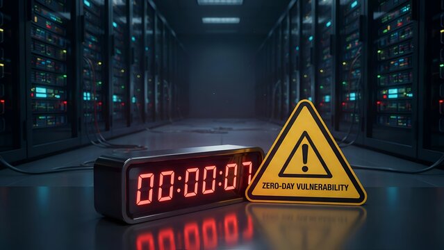Digital clock and zero day vulnerability warning sign in server room