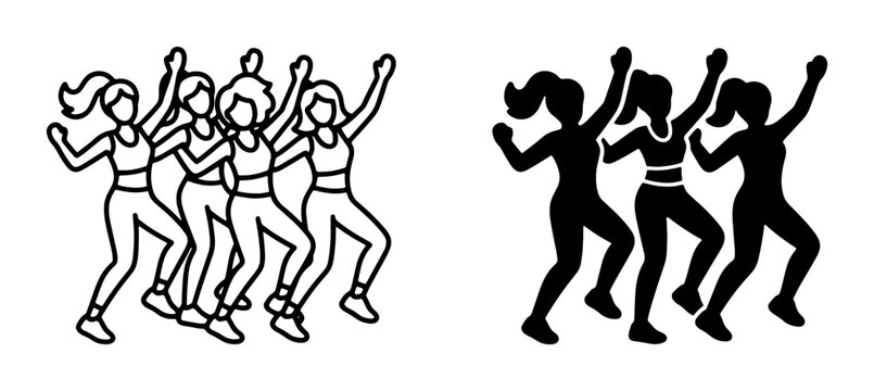 Group of Women Dancing, Fitness Class Icons, Silhouette and Outline Styles, Energetic Movement, Aerobics and Zumba Vector Set
