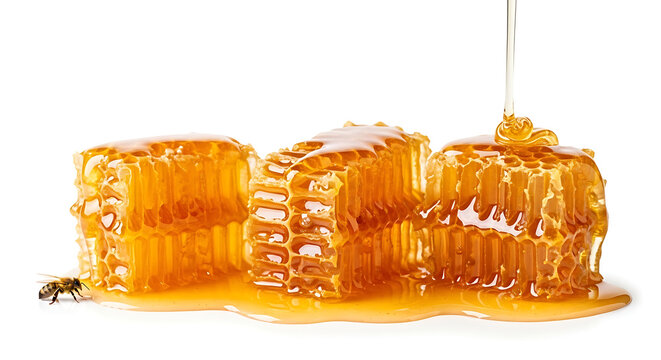 Honeycomb with dripping golden honey and bee