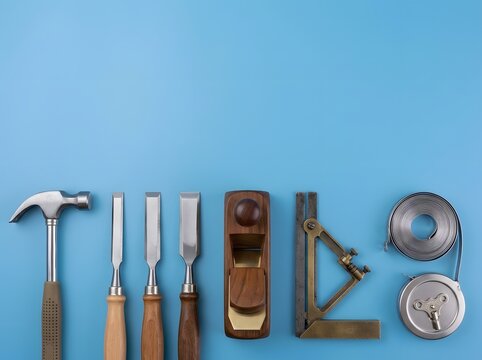 Woodworking hand tools organized in a row on blue background
