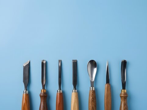 Wood carving chisels arranged in a row on blue background