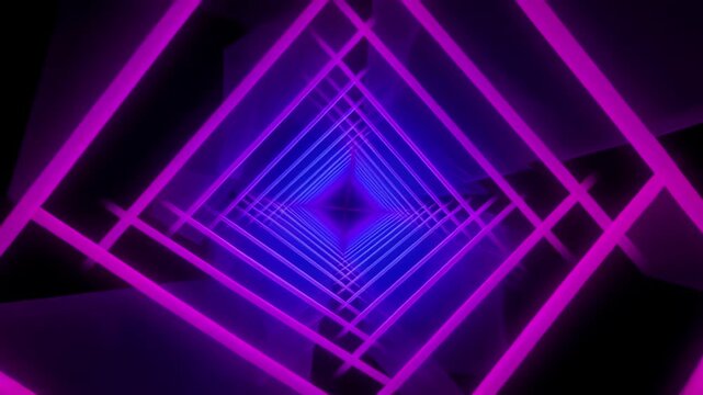 Neon music loop, vivid purple geometric tunnel with magenta and blue light frames, hypnotic futuristic motion, immersive abstract background design with dynamic digital depth and energy