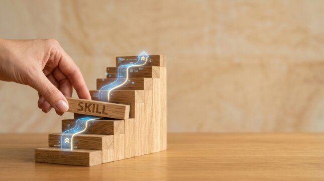 Addressing workplace skill gaps by hand inserting a missing block of wood into a compact structure with glowing light