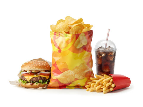 Fast food meal with cheeseburger, potato chips, french fries and soda drink on white background
