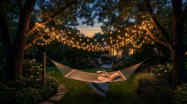 Cozy Outdoor Backyard Garden Hammock Under Warm Glowing String Lights at Night