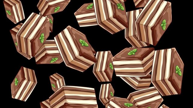 Falling Chocolate Layer Cake Slices with Mint Garnish on Black Background
