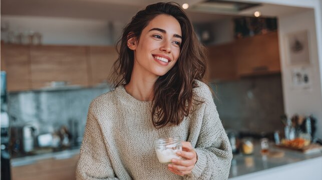 Shot of beautiful happy woman eating a yoghurt while looking forwards in the kitchen at home