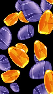 Falling Mixed Stones and Amber Gems on Black Background